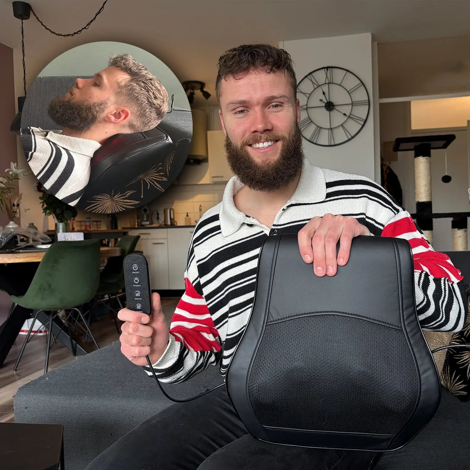 Rick van der Maarel met een prototype van het nieuwe Air Ease product: het Comfort Pro massagekussen, bijna klaar voor lancering.